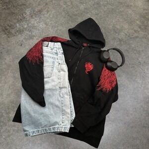 Evolution In Design Mens XL Black Red Wing Graphic Zip Up Hoodie Y2K Skater